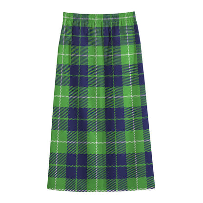 Green Blue And White Tartan Print Cotton Front Slit Maxi Skirt