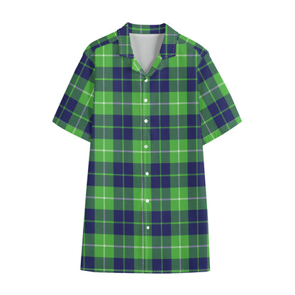 Green Blue And White Tartan Print Cotton Hawaiian Shirt