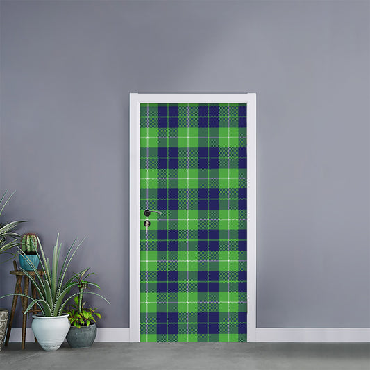 Green Blue And White Tartan Print Door Sticker