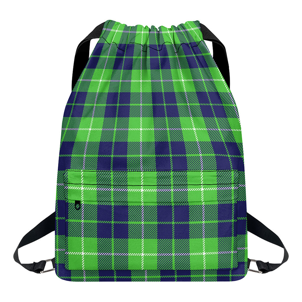 Green Blue And White Tartan Print Drawstring Backpack