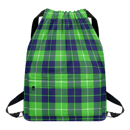 Green Blue And White Tartan Print Drawstring Backpack