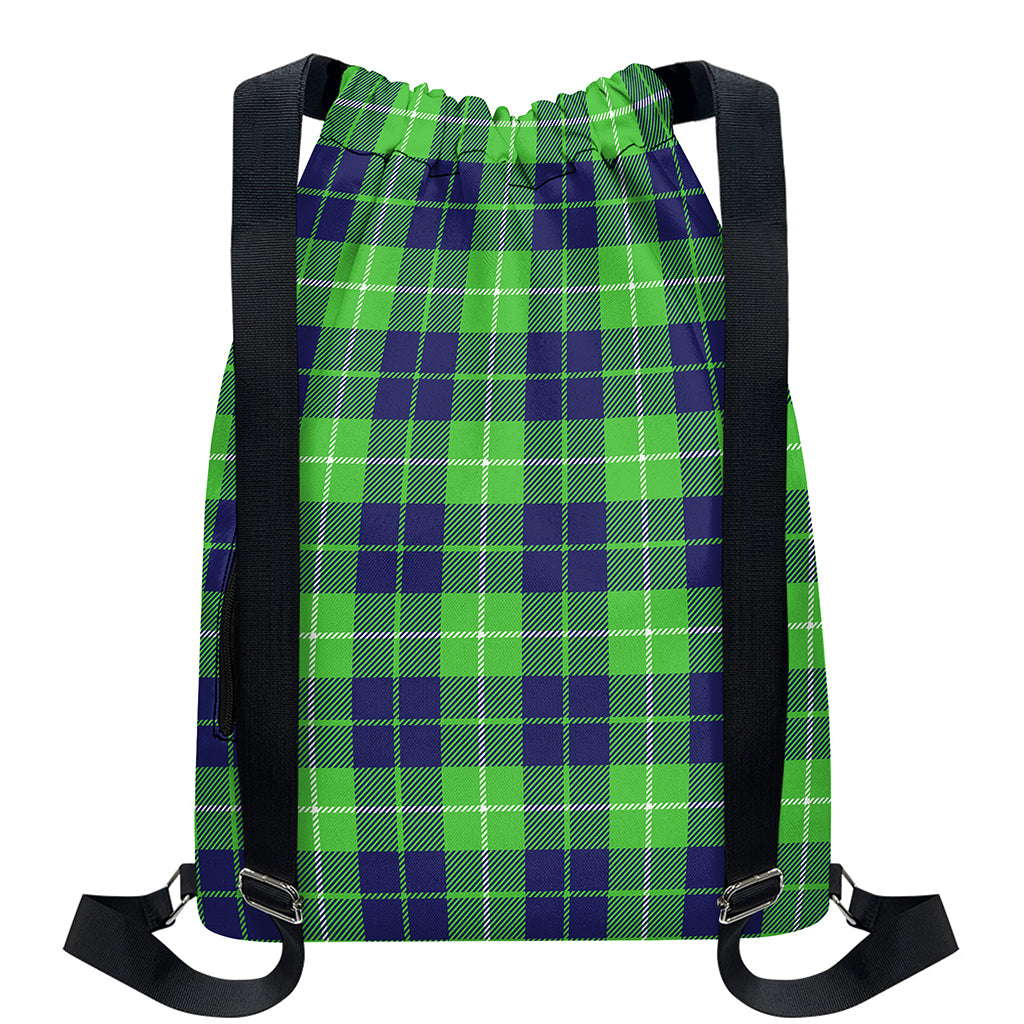 Green Blue And White Tartan Print Drawstring Backpack