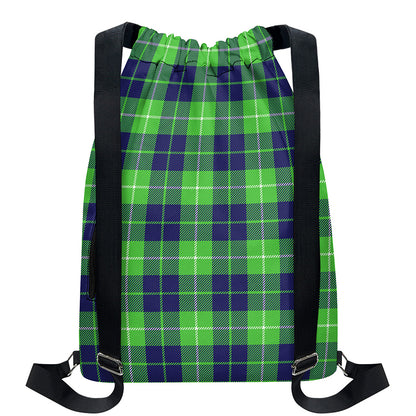 Green Blue And White Tartan Print Drawstring Backpack