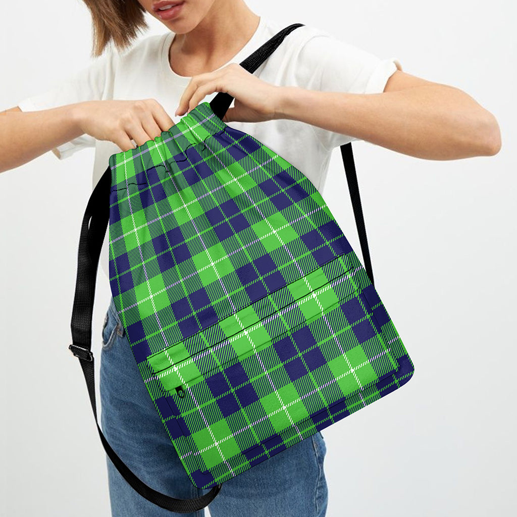 Green Blue And White Tartan Print Drawstring Backpack