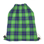 Green Blue And White Tartan Print Drawstring Bag