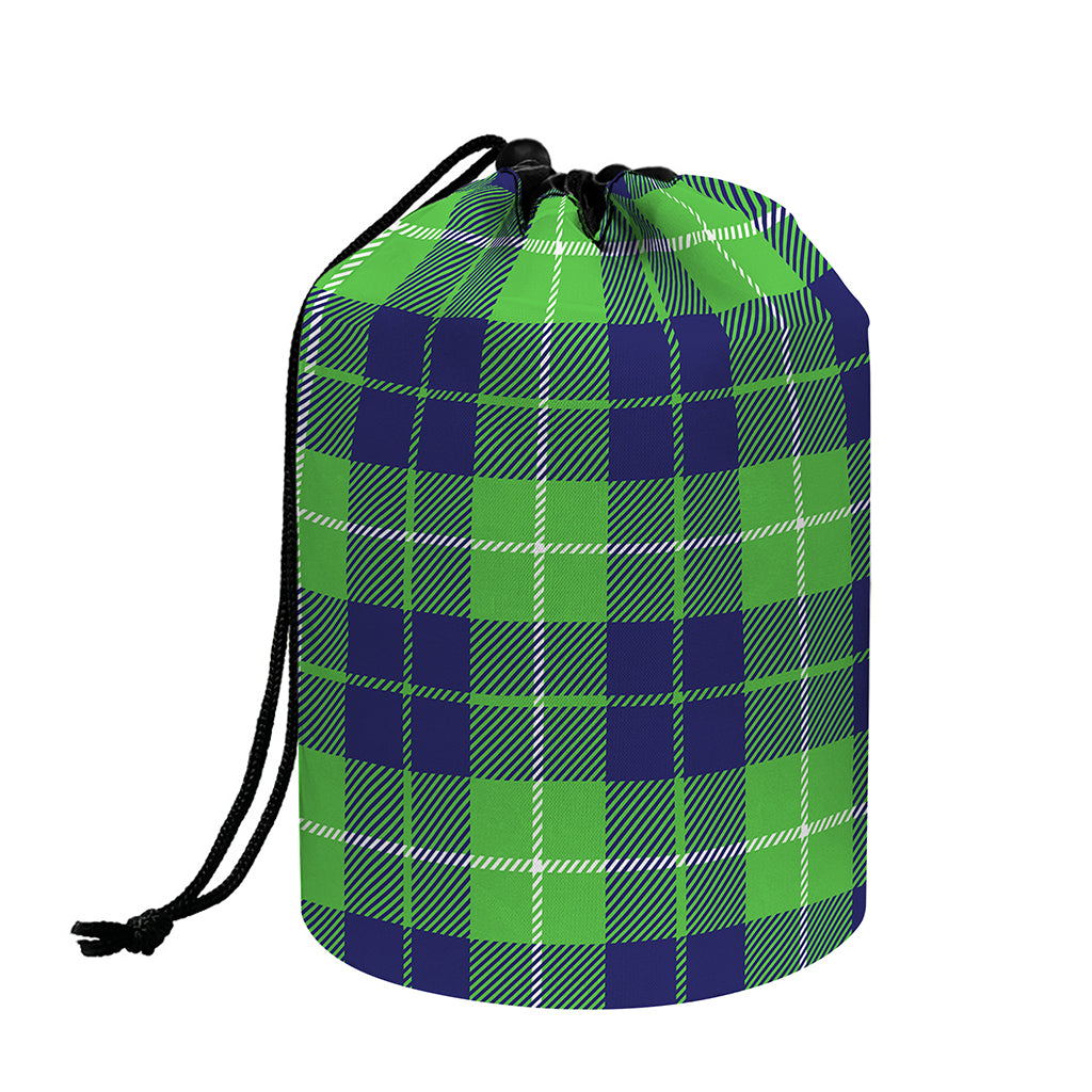 Green Blue And White Tartan Print Drawstring Makeup Bag