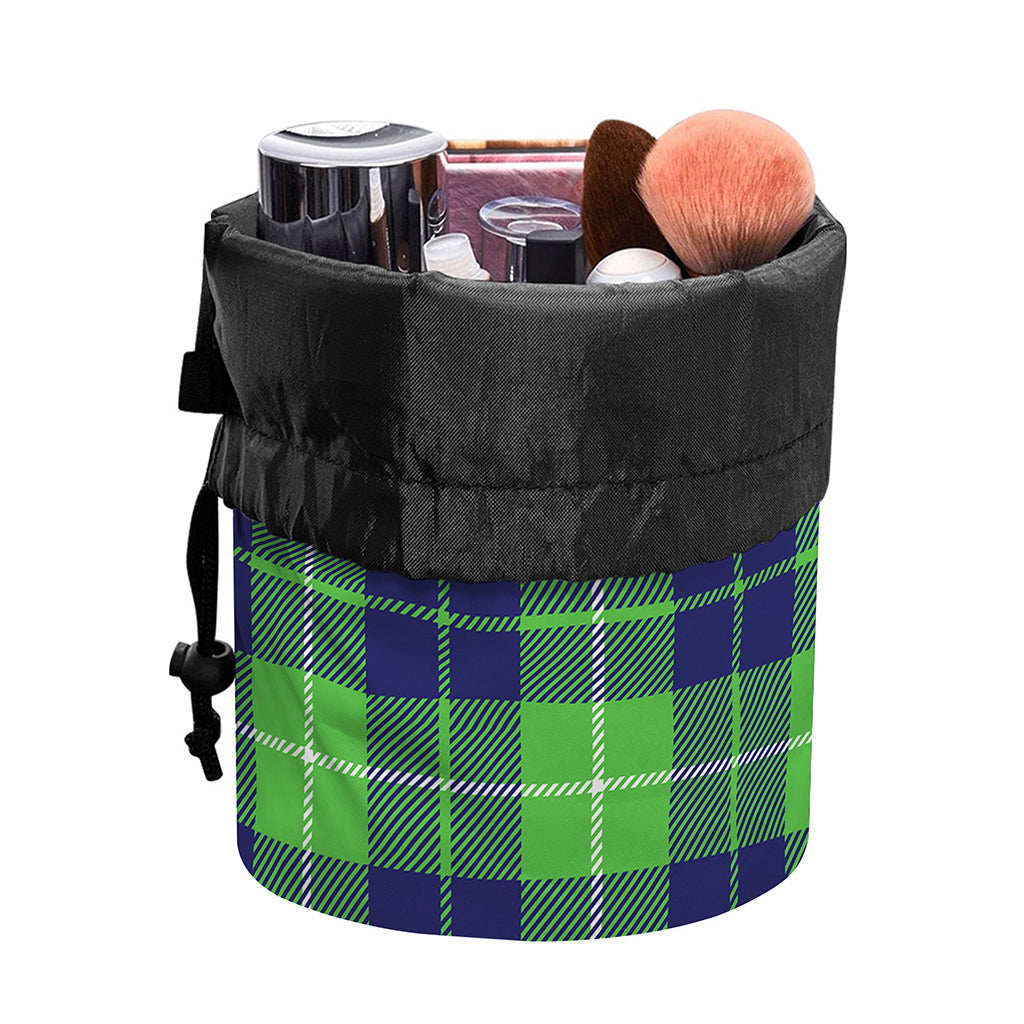 Green Blue And White Tartan Print Drawstring Makeup Bag