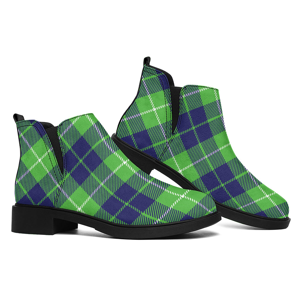 Green Blue And White Tartan Print Flat Ankle Boots