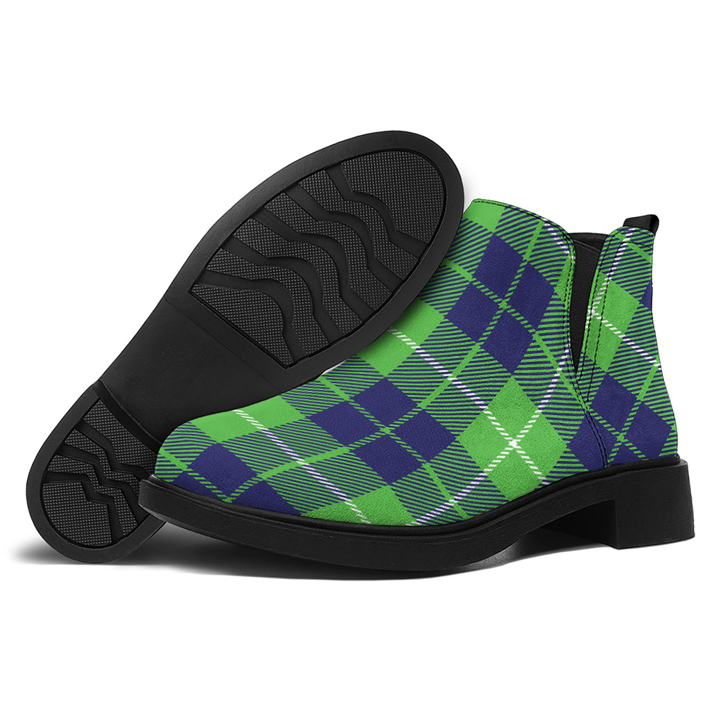 Green Blue And White Tartan Print Flat Ankle Boots