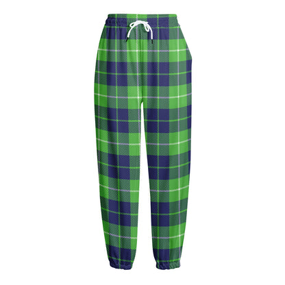 Green Blue And White Tartan Print Fleece Lined Knit Pants