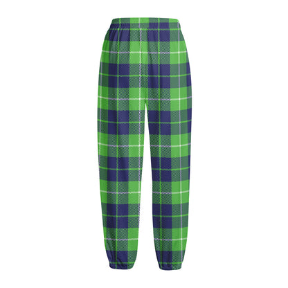 Green Blue And White Tartan Print Fleece Lined Knit Pants