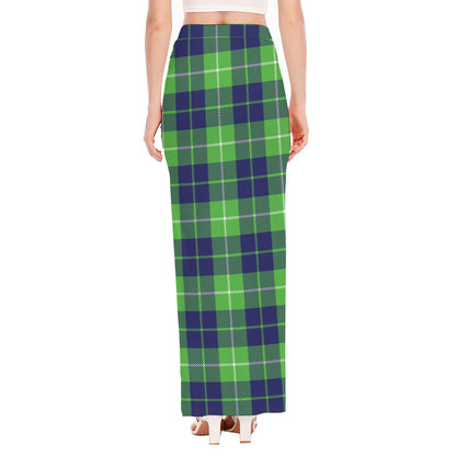 Green Blue And White Tartan Print High Slit Maxi Skirt