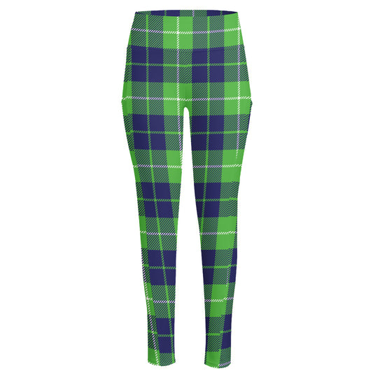 Green Blue And White Tartan Print High-Waisted Pocket Leggings