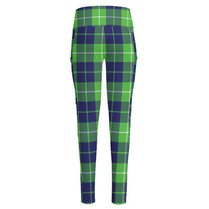 Green Blue And White Tartan Print High-Waisted Pocket Leggings
