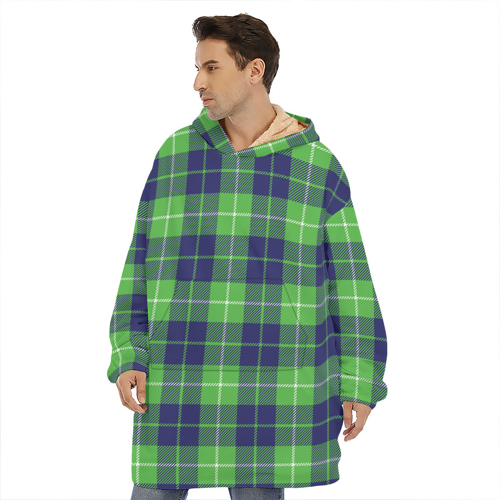 Green Blue And White Tartan Print Hoodie Blanket