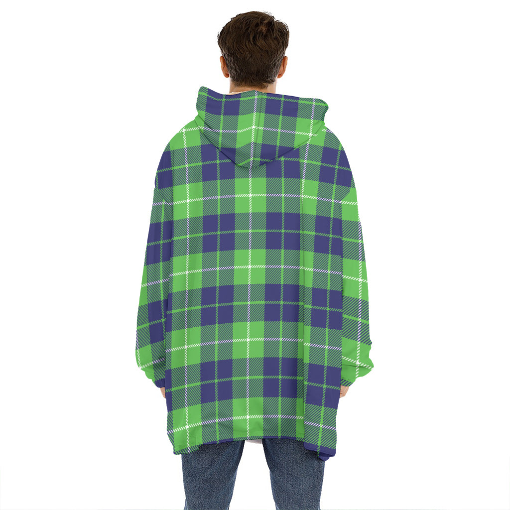 Green Blue And White Tartan Print Hoodie Blanket