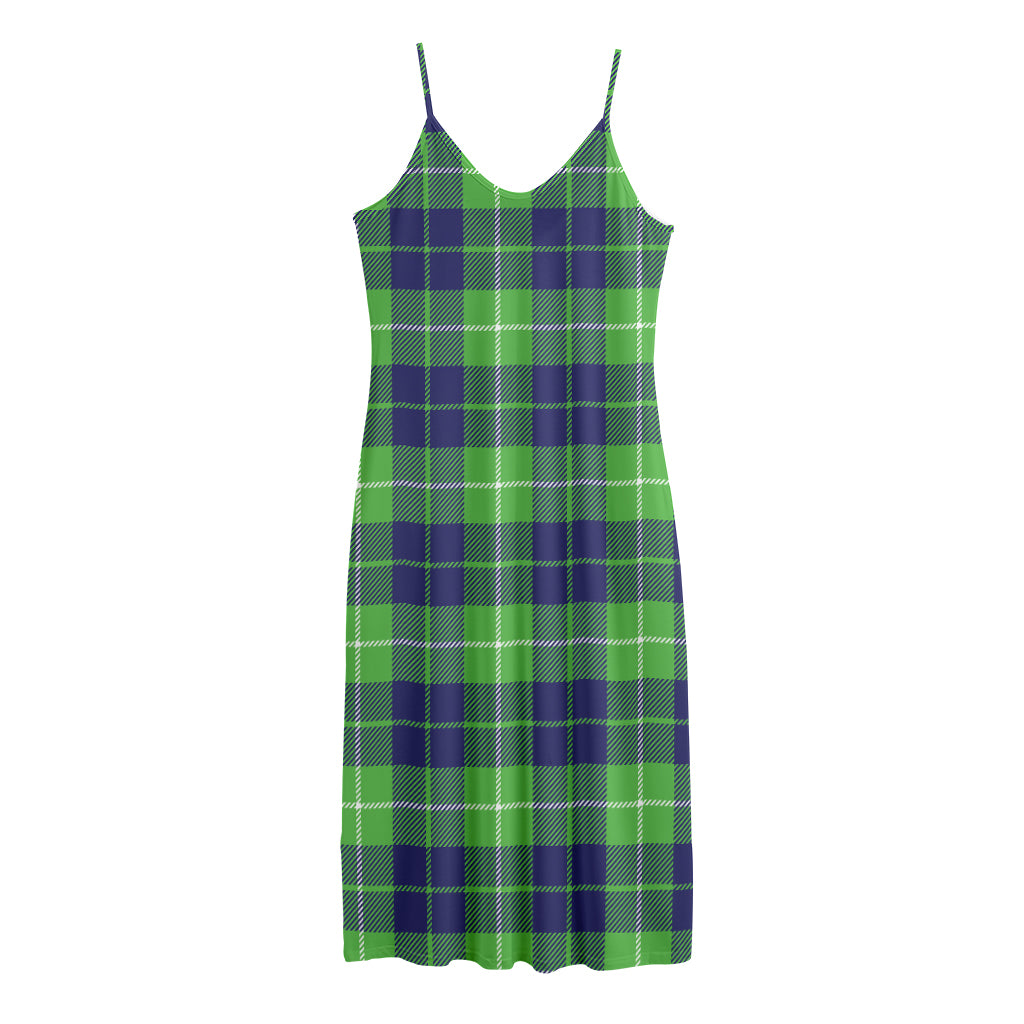 Green Blue And White Tartan Print Jersey Midi Cami Dress