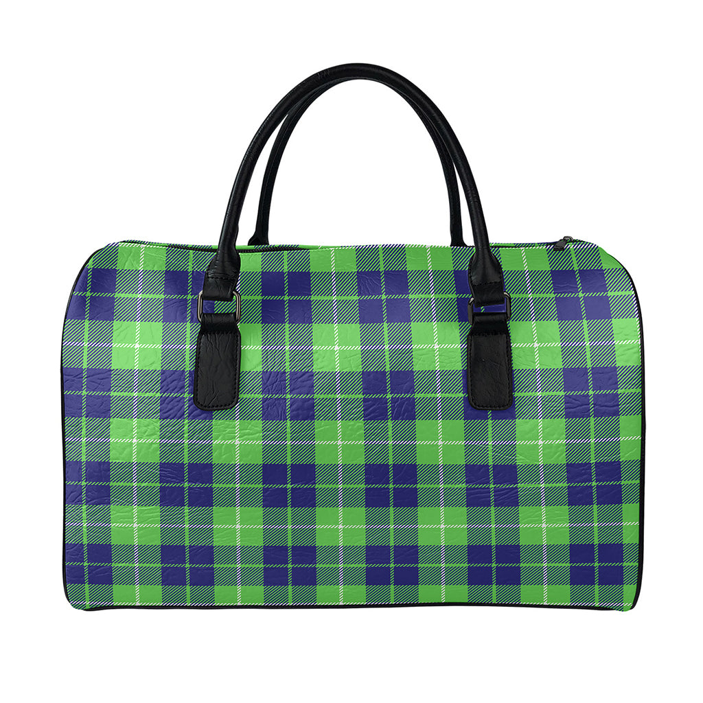 Green Blue And White Tartan Print Leather Duffle Bag