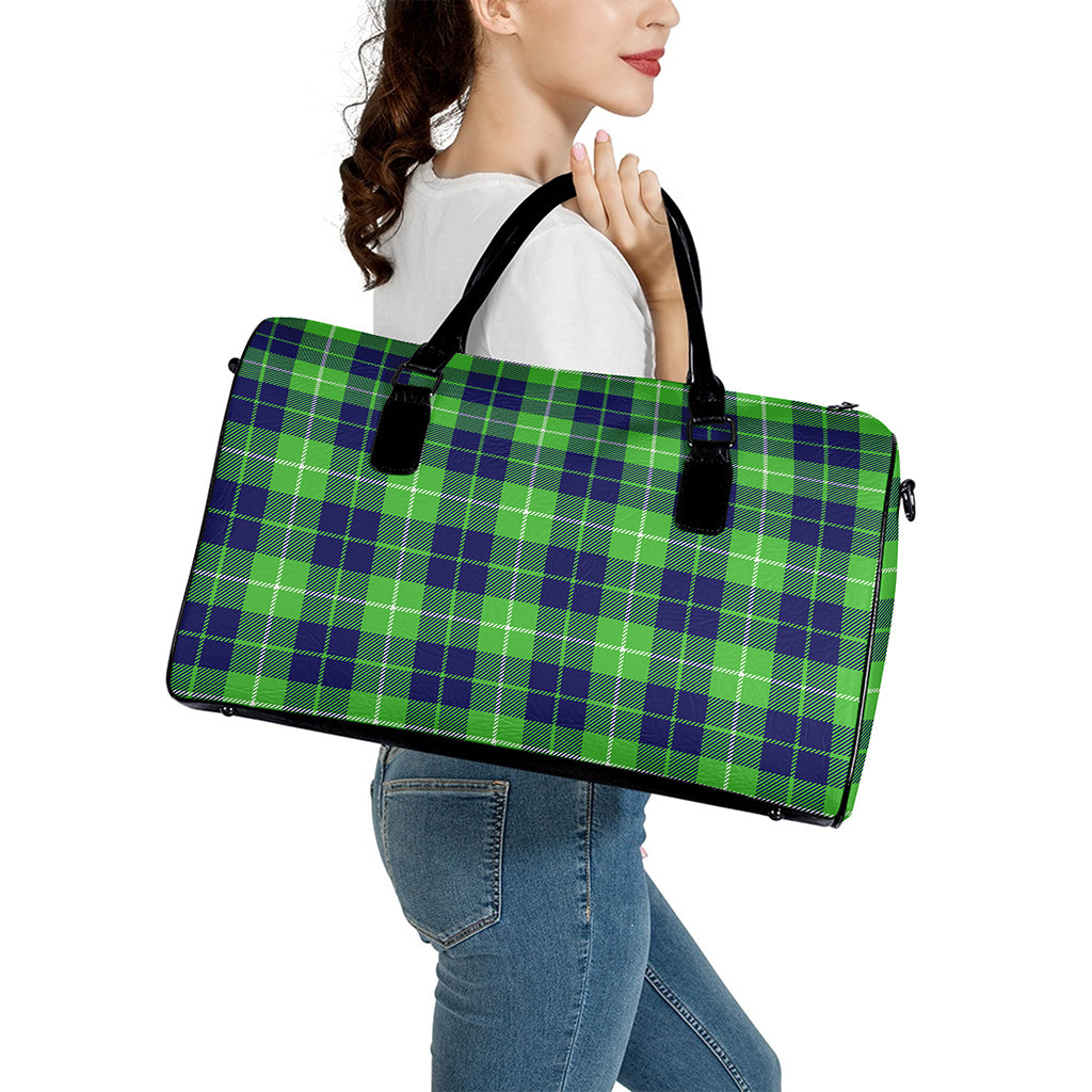 Green Blue And White Tartan Print Leather Duffle Bag