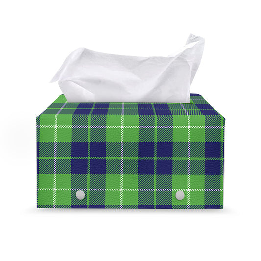 Green Blue And White Tartan Print Leather Tissue Box Cover