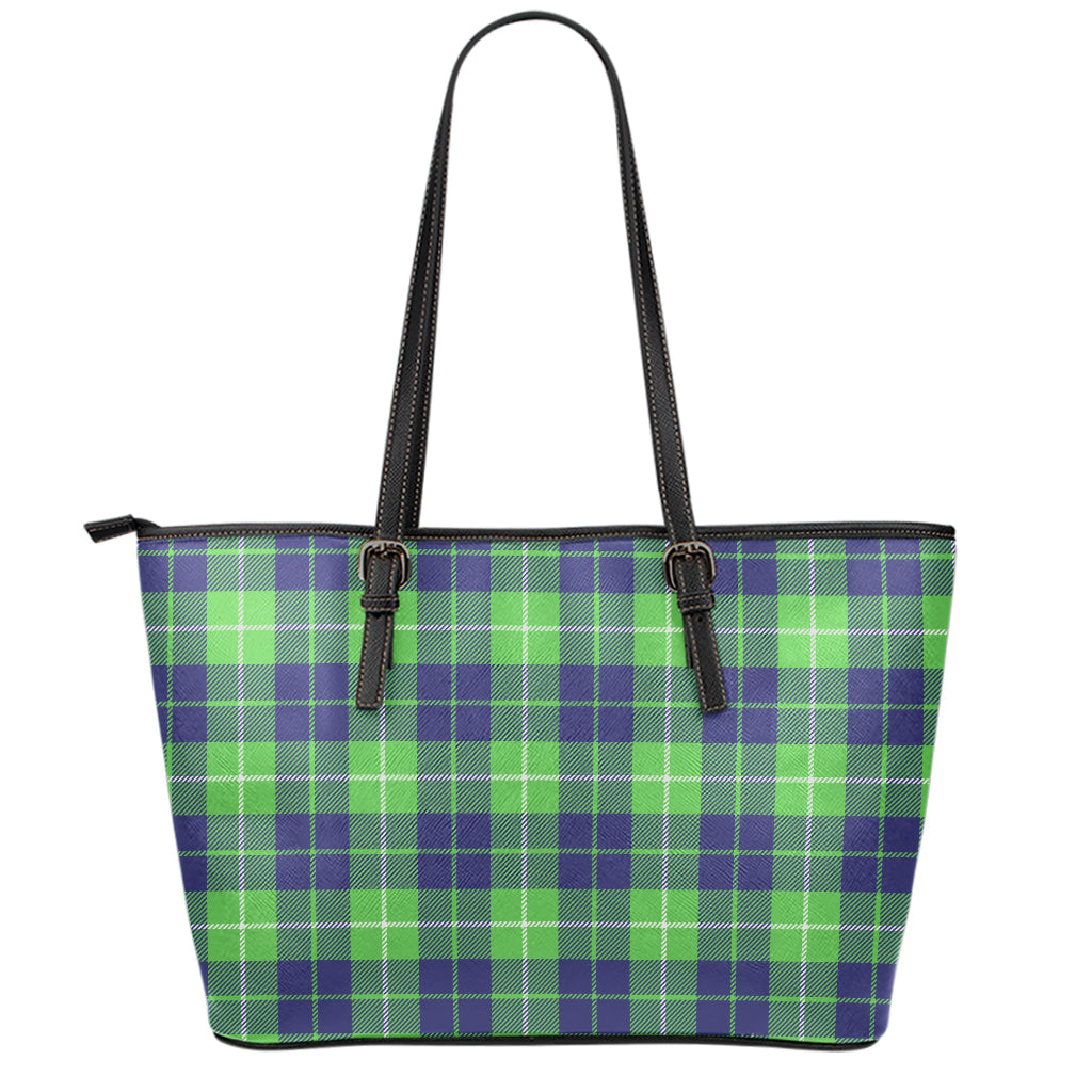 Green Blue And White Tartan Print Leather Tote Bag