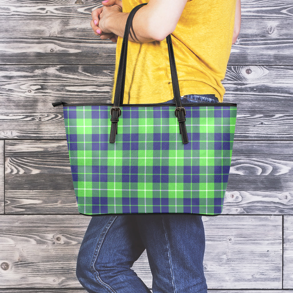 Green Blue And White Tartan Print Leather Tote Bag