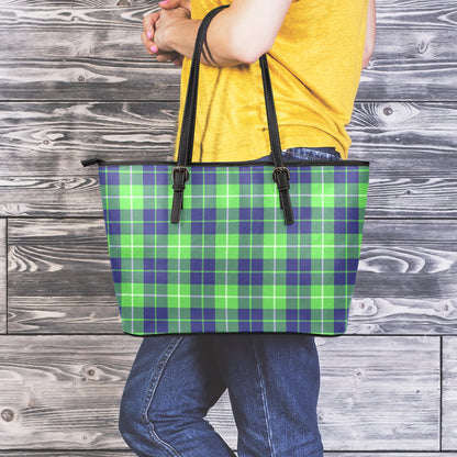 Green Blue And White Tartan Print Leather Tote Bag