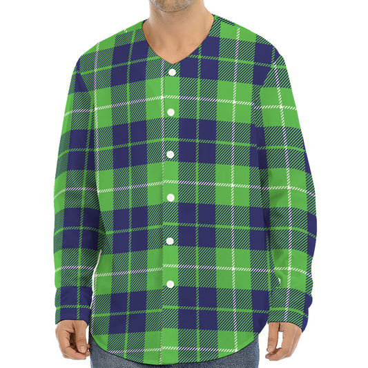 Green Blue And White Tartan Print Long Sleeve Baseball Jersey
