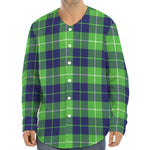 Green Blue And White Tartan Print Long Sleeve Baseball Jersey