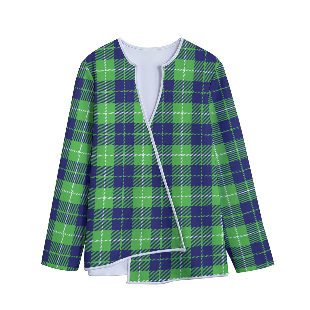 Green Blue And White Tartan Print Long Sleeve Short Coat