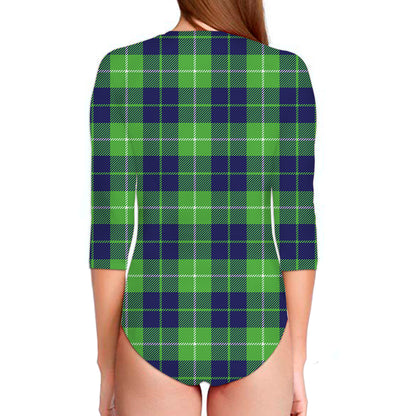 Green Blue And White Tartan Print Long Sleeve Swimsuit