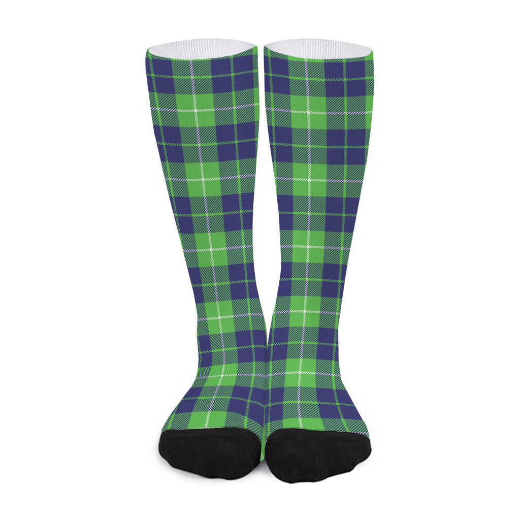 Green Blue And White Tartan Print Long Socks