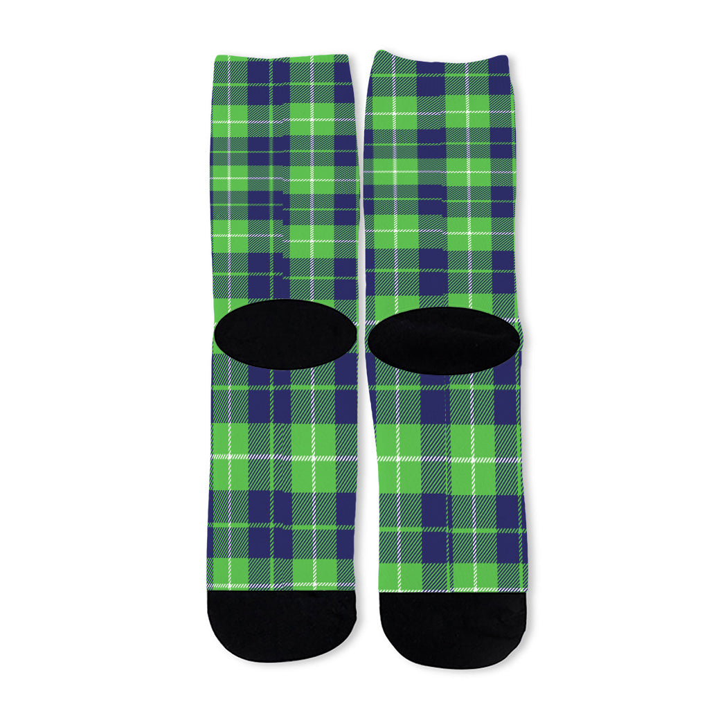Green Blue And White Tartan Print Long Socks