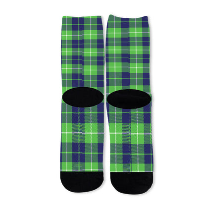 Green Blue And White Tartan Print Long Socks
