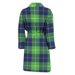 Green Blue And White Tartan Print Men's Bathrobe