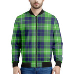 Green Blue And White Tartan Print Men's Bomber Jacket
