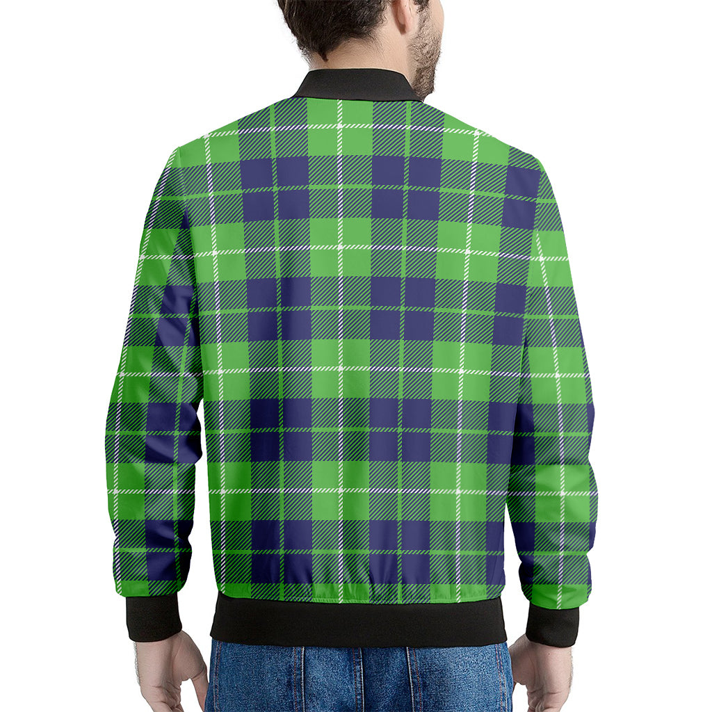 Green Blue And White Tartan Print Men's Bomber Jacket