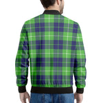 Green Blue And White Tartan Print Men's Bomber Jacket