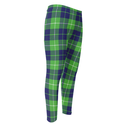 Green Blue And White Tartan Print Men's Compression Pants