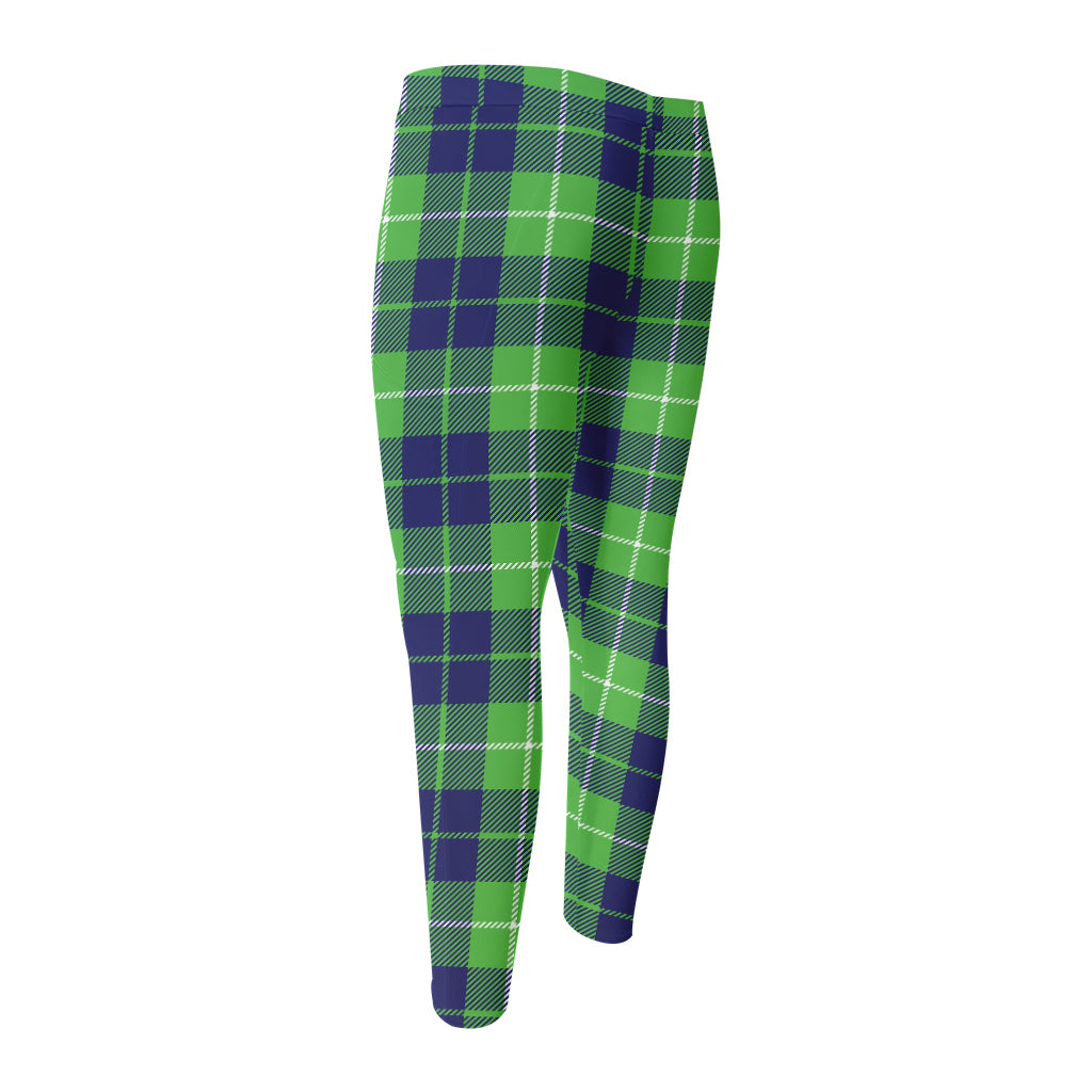 Green Blue And White Tartan Print Men's Compression Pants