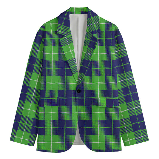 Green Blue And White Tartan Print Men's Cotton Blazer