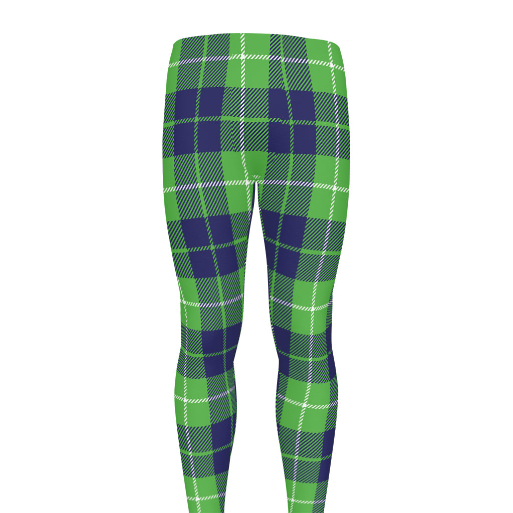 Green Blue And White Tartan Print Men's leggings