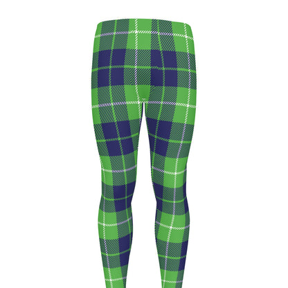 Green Blue And White Tartan Print Men's leggings