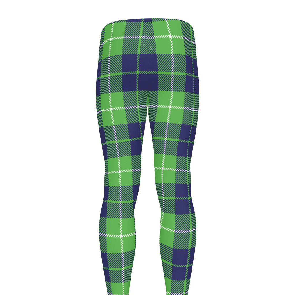 Green Blue And White Tartan Print Men's leggings