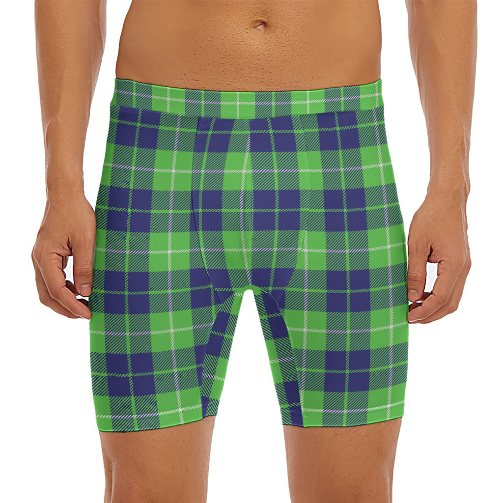 Green Blue And White Tartan Print Men's Long Boxer Briefs