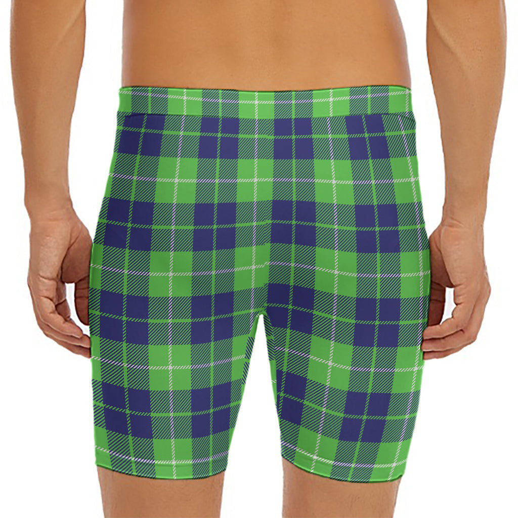 Green Blue And White Tartan Print Men's Long Boxer Briefs
