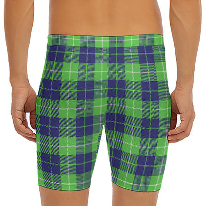Green Blue And White Tartan Print Men's Long Boxer Briefs