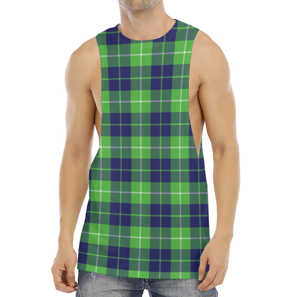 Green Blue And White Tartan Print Men's Muscle Tank Top