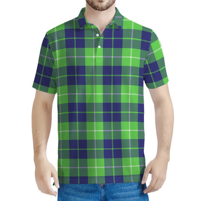 Green Blue And White Tartan Print Men's Polo Shirt