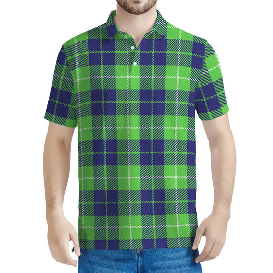 Green Blue And White Tartan Print Men's Polo Shirt
